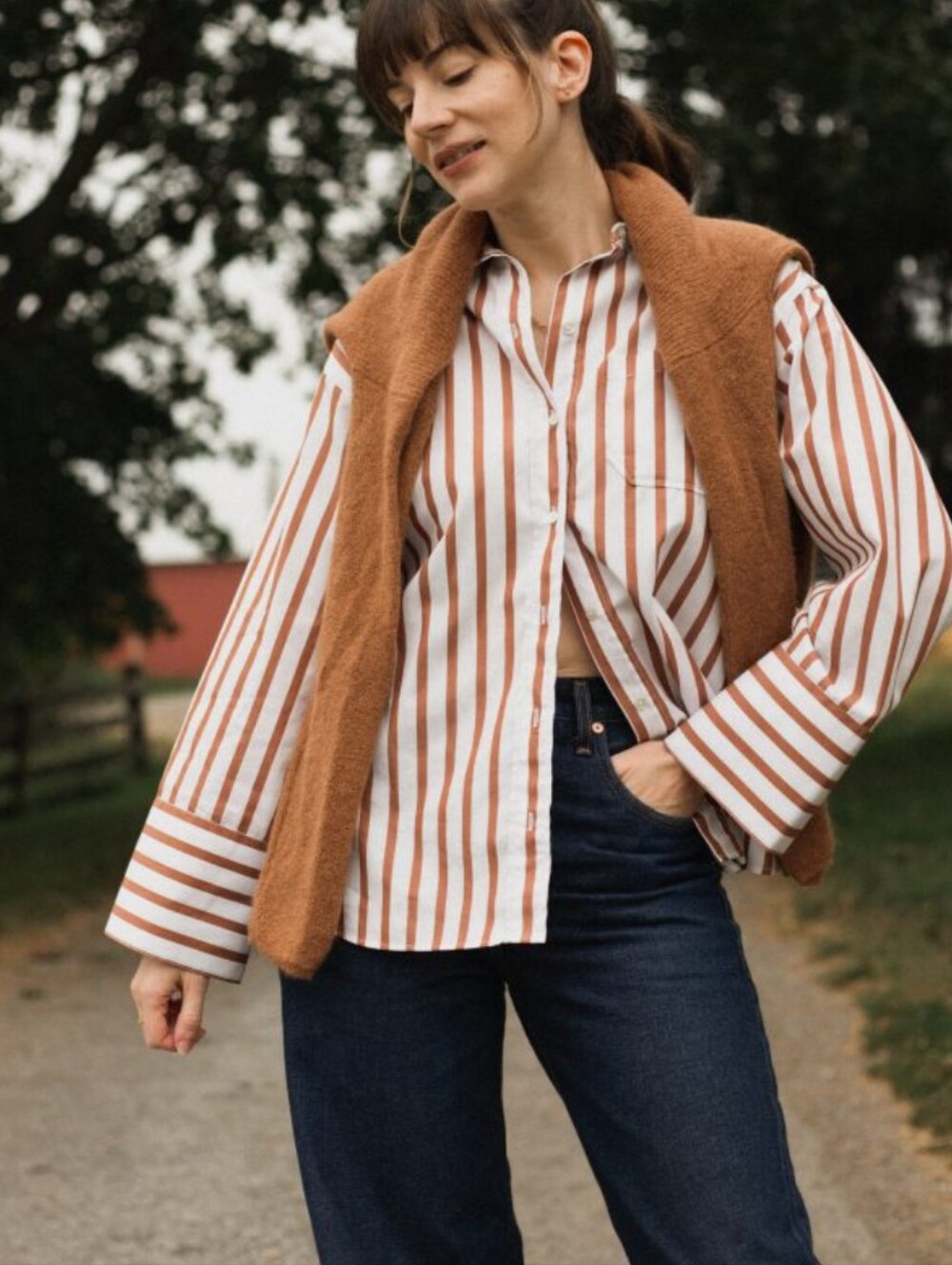 Sezane Bilma shirt ecru white camel tan stripe Size US 2 EU 34 Relaxed Fit